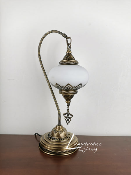 Turkish Moroccan White Matte Glass Swan Neck Table Lamp No 3