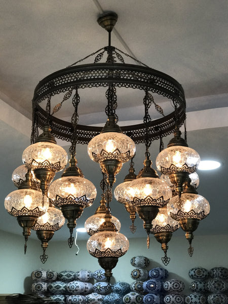 Set of 15 Large Crackle Glass Globe Chandelier Ceiling Fixture