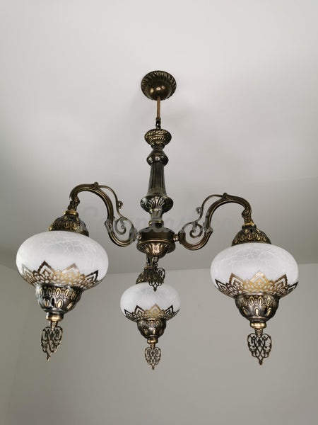 Turkish White Crackle Glass Chandelier, Ceiling Light, Pendant, Lighting Fixture, 3 Globe Chandelier
