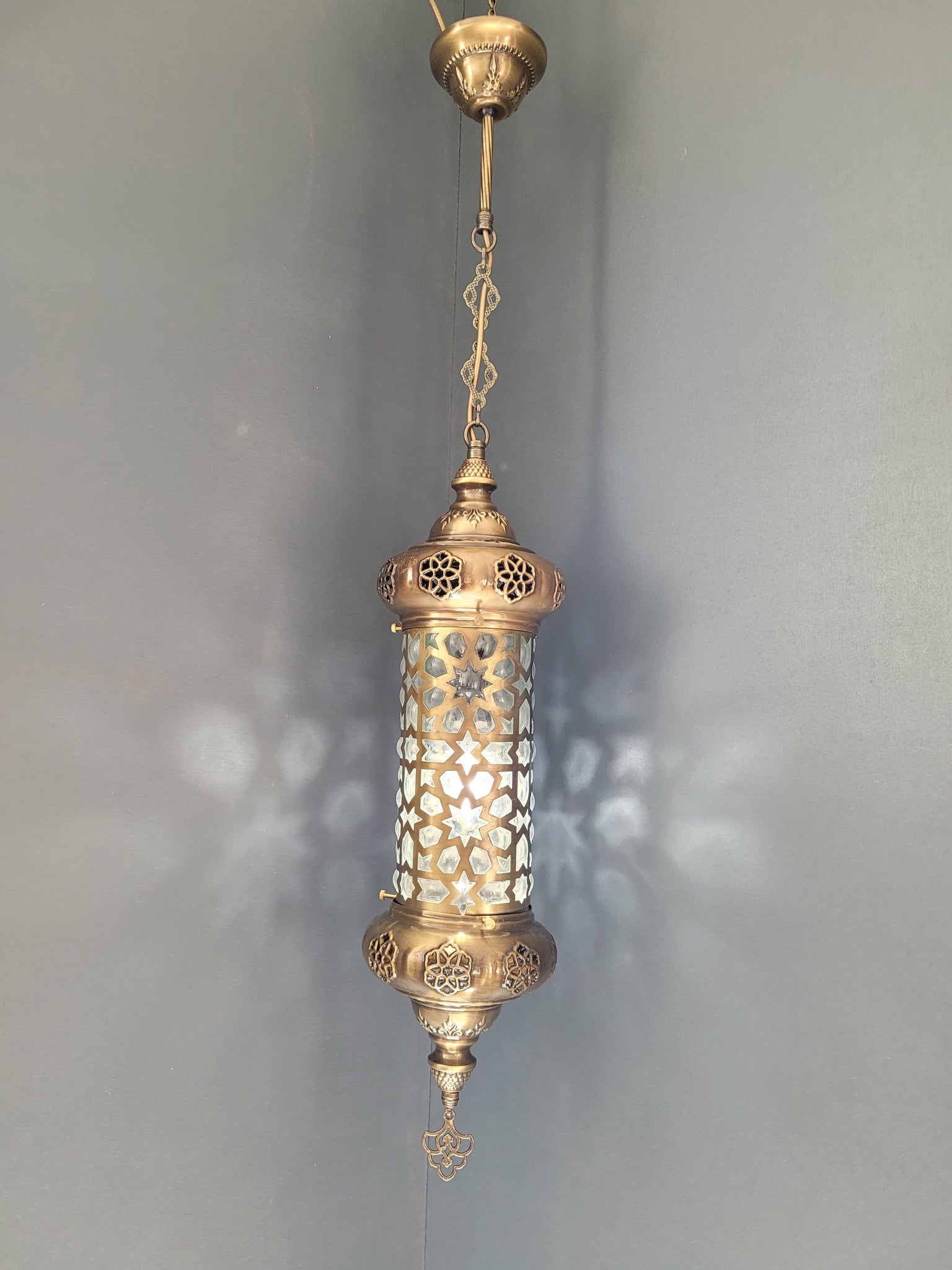 Moroccan Turkish Cylinder Brass Blown Glass Ceiling Pendant Light Lamp, Kitchen Island Lighting