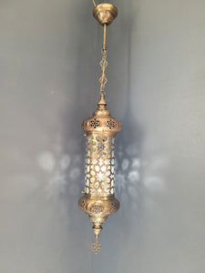 Moroccan Turkish Cylinder Brass Blown Glass Ceiling Pendant Light Lamp, Kitchen Island Lighting