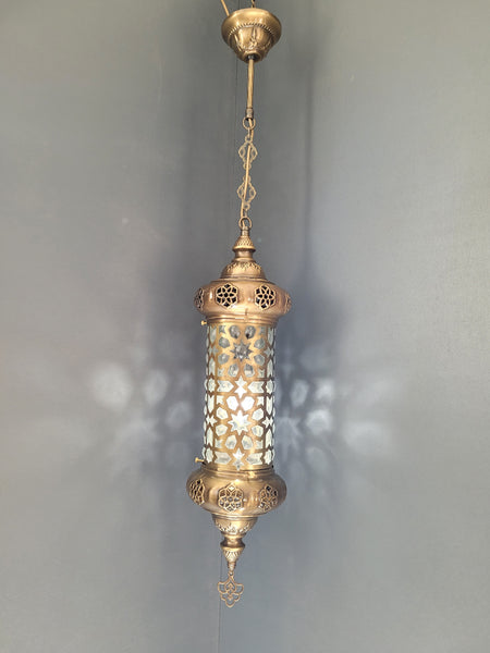 Moroccan Turkish Cylinder Brass Blown Glass Ceiling Pendant Light Lamp, Kitchen Island Lighting