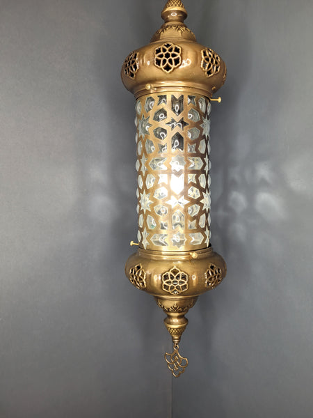 Moroccan Turkish Cylinder Brass Blown Glass Ceiling Pendant Light Lamp, Kitchen Island Lighting