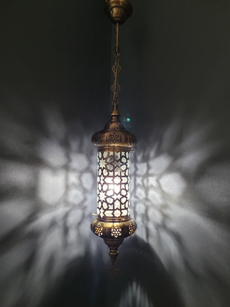 Moroccan Turkish Cylinder Brass Blown Glass Ceiling Pendant Light Lamp, Kitchen Island Lighting
