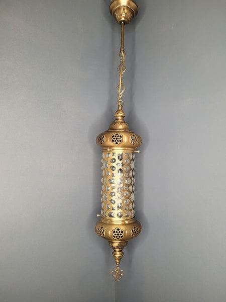 Moroccan Turkish Cylinder Brass Blown Glass Ceiling Pendant Light Lamp, Kitchen Island Lighting