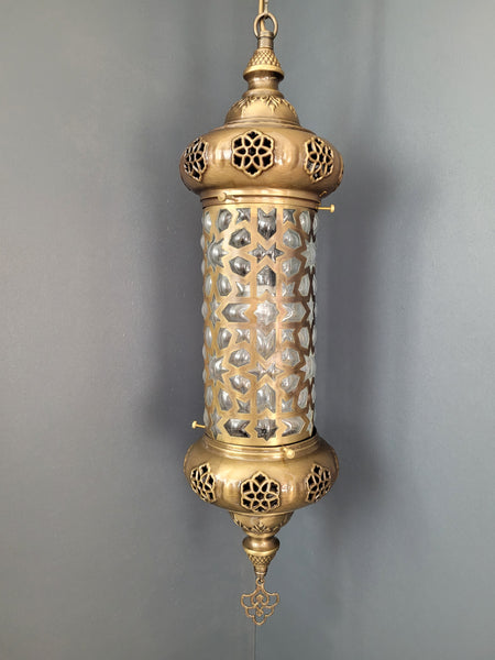 Moroccan Turkish Cylinder Brass Blown Glass Ceiling Pendant Light Lamp, Kitchen Island Lighting