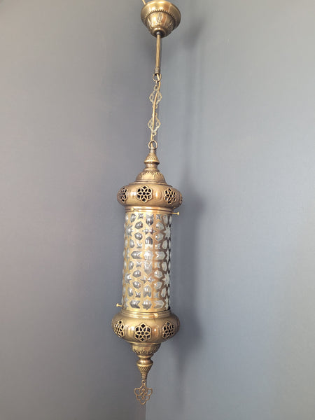 Moroccan Turkish Cylinder Brass Blown Glass Ceiling Pendant Light Lamp, Kitchen Island Lighting
