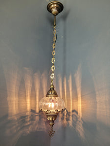 Turkish Clear Blown Glass Hanging Lamp with Brass Finish, Single Pendant Light