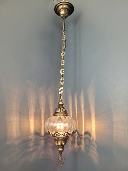 Turkish Clear Blown Glass Hanging Lamp with Brass Finish, Single Pendant Light