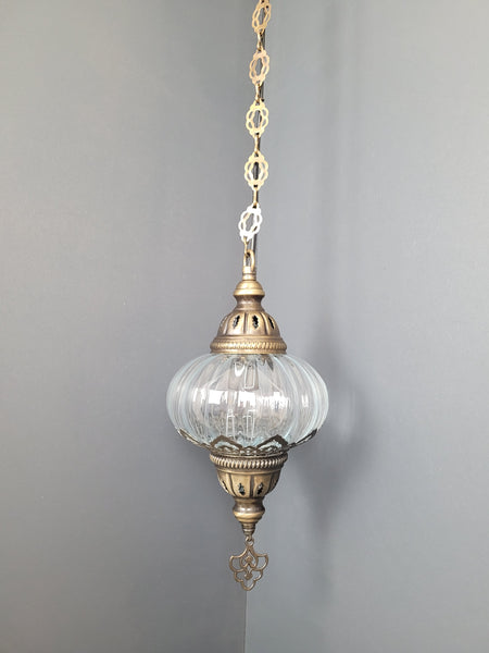 Turkish Clear Blown Glass Hanging Lamp with Brass Finish, Single Pendant Light