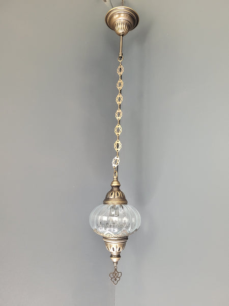 Turkish Clear Blown Glass Hanging Lamp with Brass Finish, Single Pendant Light