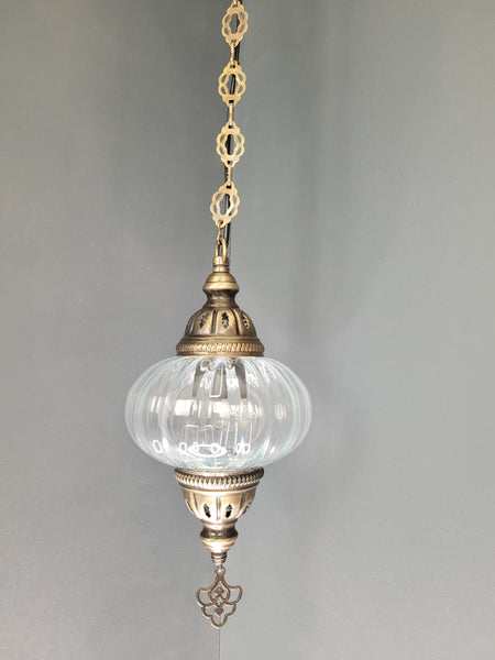 Turkish Clear Blown Glass Hanging Lamp with Brass Finish, Single Pendant Light