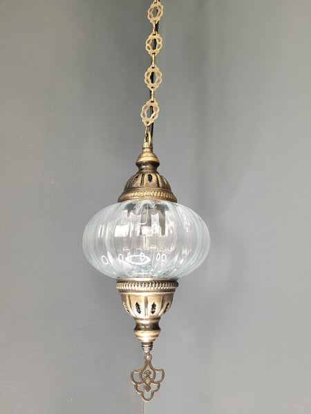 Turkish Clear Blown Glass Hanging Lamp with Brass Finish, Single Pendant Light