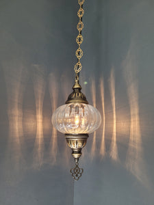 Turkish Clear Blown Glass Hanging Lamp with Brass Finish, Single Pendant Light