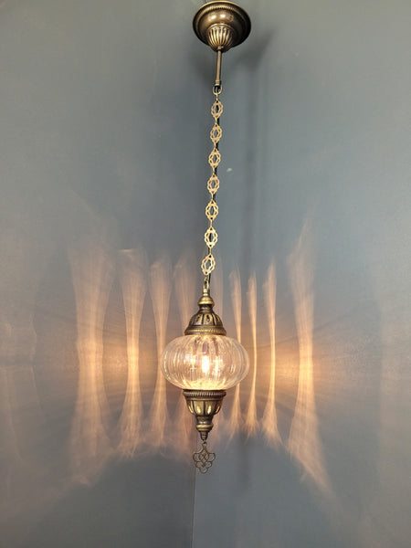 Turkish Clear Blown Glass Hanging Lamp with Brass Finish, Single Pendant Light