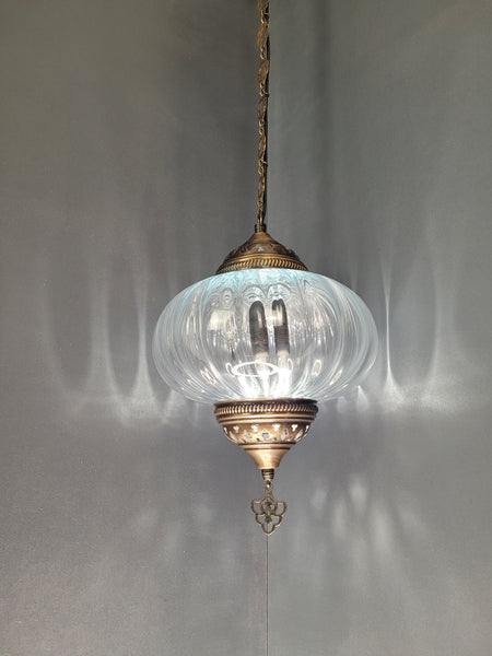 X Large Turkish Clear Blown Glass Hanging Lamp with Brass Finish, Pendant Light