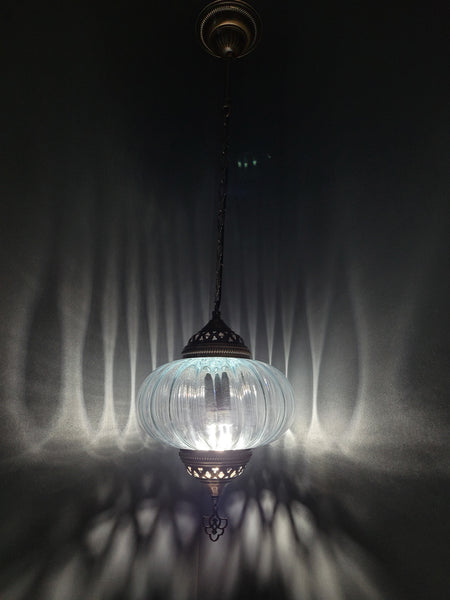 X Large Turkish Clear Blown Glass Hanging Lamp with Brass Finish, Pendant Light