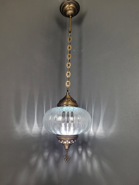 X Large Turkish Clear Blown Glass Hanging Lamp with Brass Finish, Pendant Light