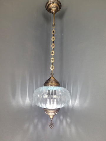 X Large Turkish Clear Blown Glass Hanging Lamp with Brass Finish, Pendant Light