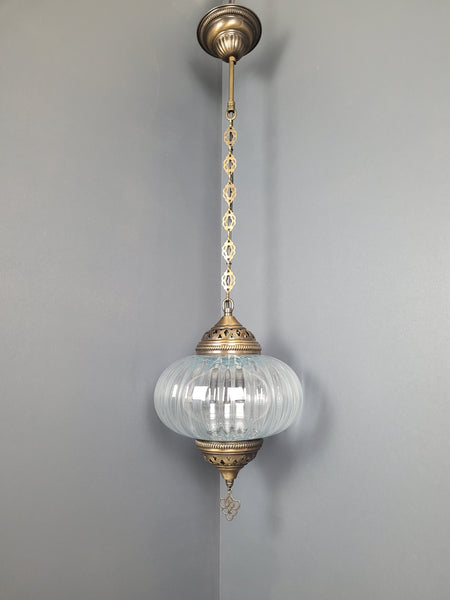 X Large Turkish Clear Blown Glass Hanging Lamp with Brass Finish, Pendant Light