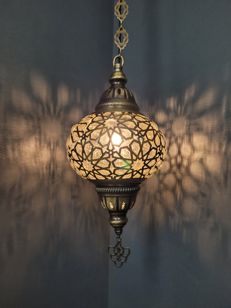 Blown Laser Glass Hanging Lamp with Brass Finish, Single Pendant Light