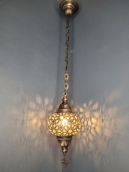 Blown Laser Glass Hanging Lamp with Brass Finish, Single Pendant Light