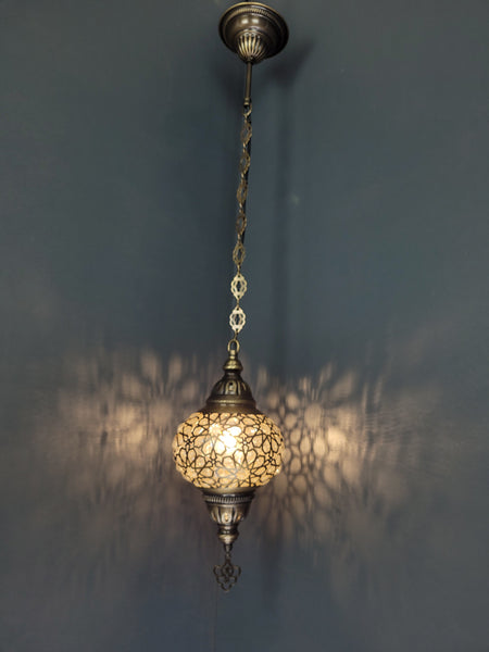 Blown Laser Glass Hanging Lamp with Brass Finish, Single Pendant Light