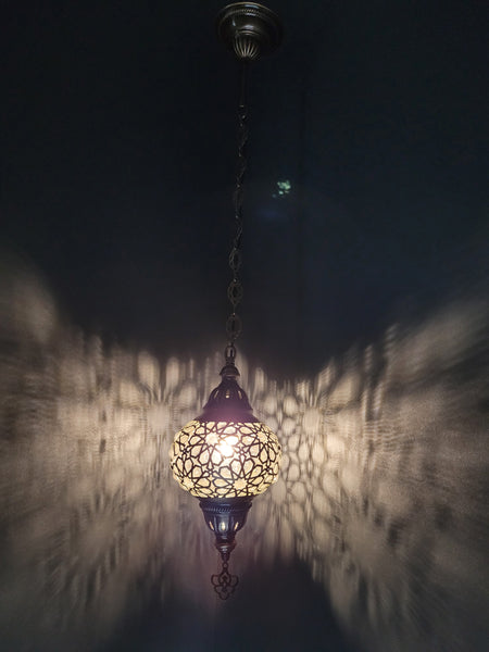 Blown Laser Glass Hanging Lamp with Brass Finish, Single Pendant Light