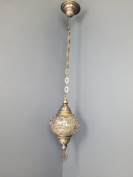 Blown Laser Glass Hanging Lamp with Brass Finish, Single Pendant Light