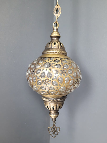 Blown Laser Glass Hanging Lamp with Brass Finish, Single Pendant Light