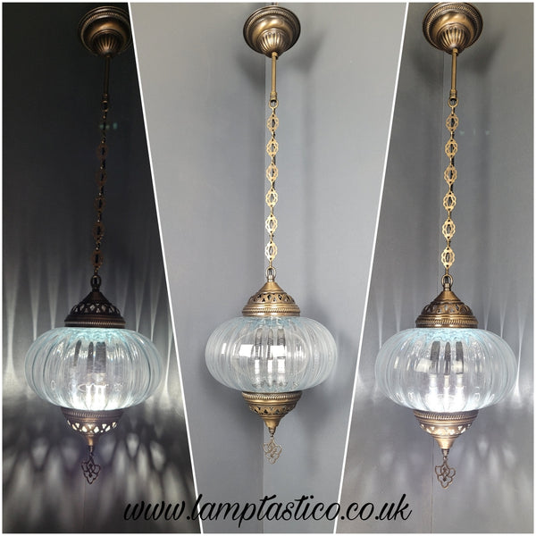 X Large Turkish Clear Blown Glass Hanging Lamp with Brass Finish, Pendant Light