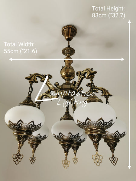 5 Arm Antique White Glass Chandelier with Brass Finish