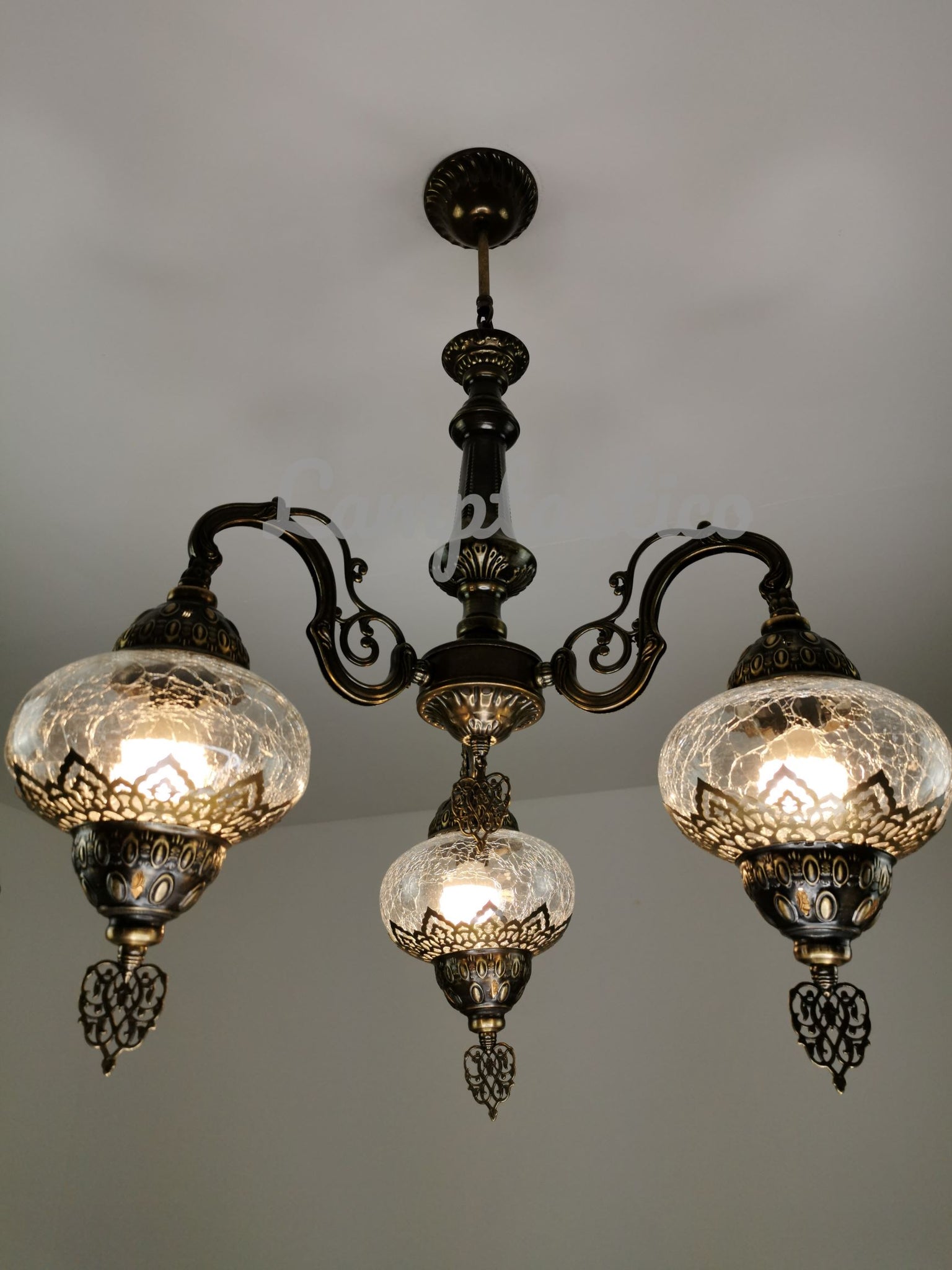 Turkish Crackled Glass Chandelier, Ceiling Light, Pendant, Lighting Fixture, 3 Globe Chandelier