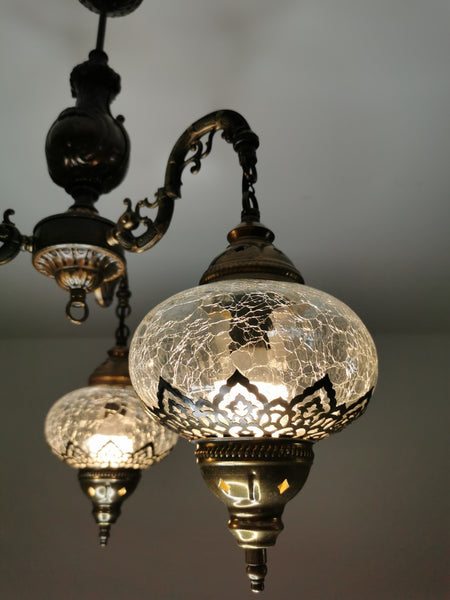 Turkish Clear Crackle Glass Chandelier, Lighting Fixture, 3 Globe Chandelier