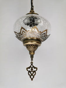 Turkish Crackle Glass Hanging Lamp with Brass Finish, Single Pendant Light