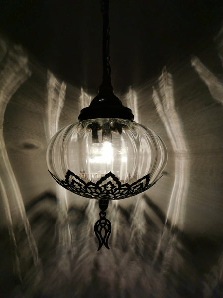 Turkish Clear Blown Glass Hanging Lamp with Brass Finish, Single Pendant Light
