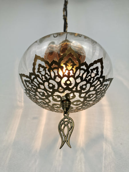 Turkish Clear Blown Glass Hanging Lamp with Brass Finish, Single Pendant Light