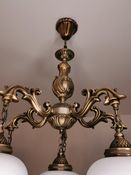 5 Arm Antique White Glass Chandelier with Brass Finish
