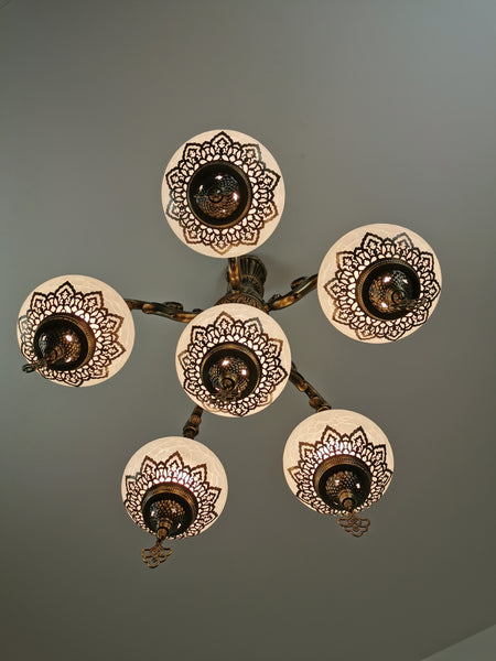 Turkish Crackle White Glass 6 Globe Chandelier