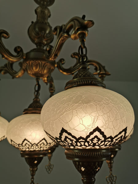 Turkish Crackle White Glass 6 Globe Chandelier