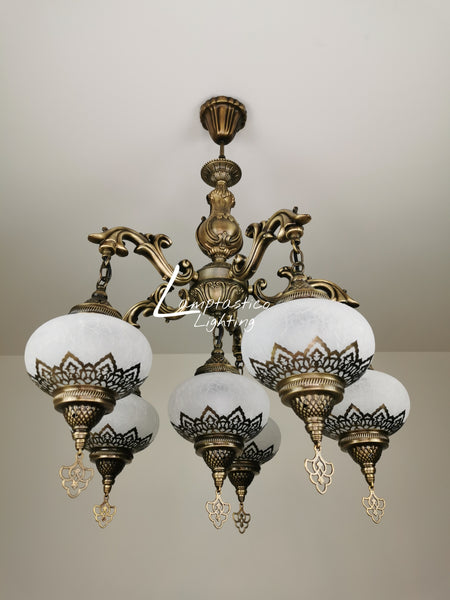 Turkish Crackle White Glass 6 Globe Chandelier