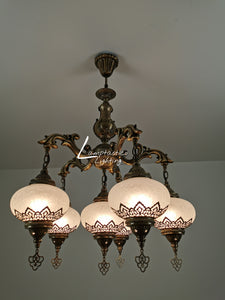 Turkish Crackle White Glass 6 Globe Chandelier