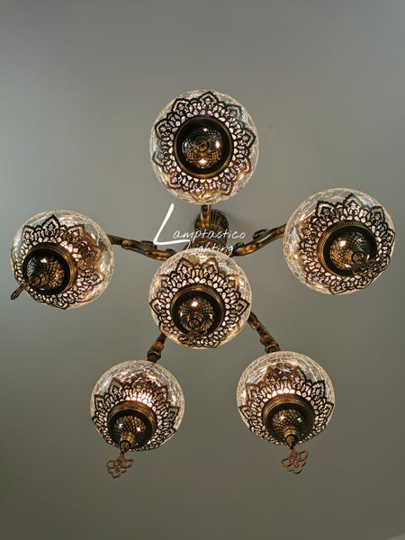 Turkish Crackle Clear Glass 6 Globe Chandelier