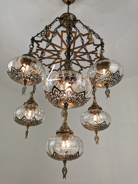7 Globe Blown Clear Glass Turkish Ottoman Chandelier