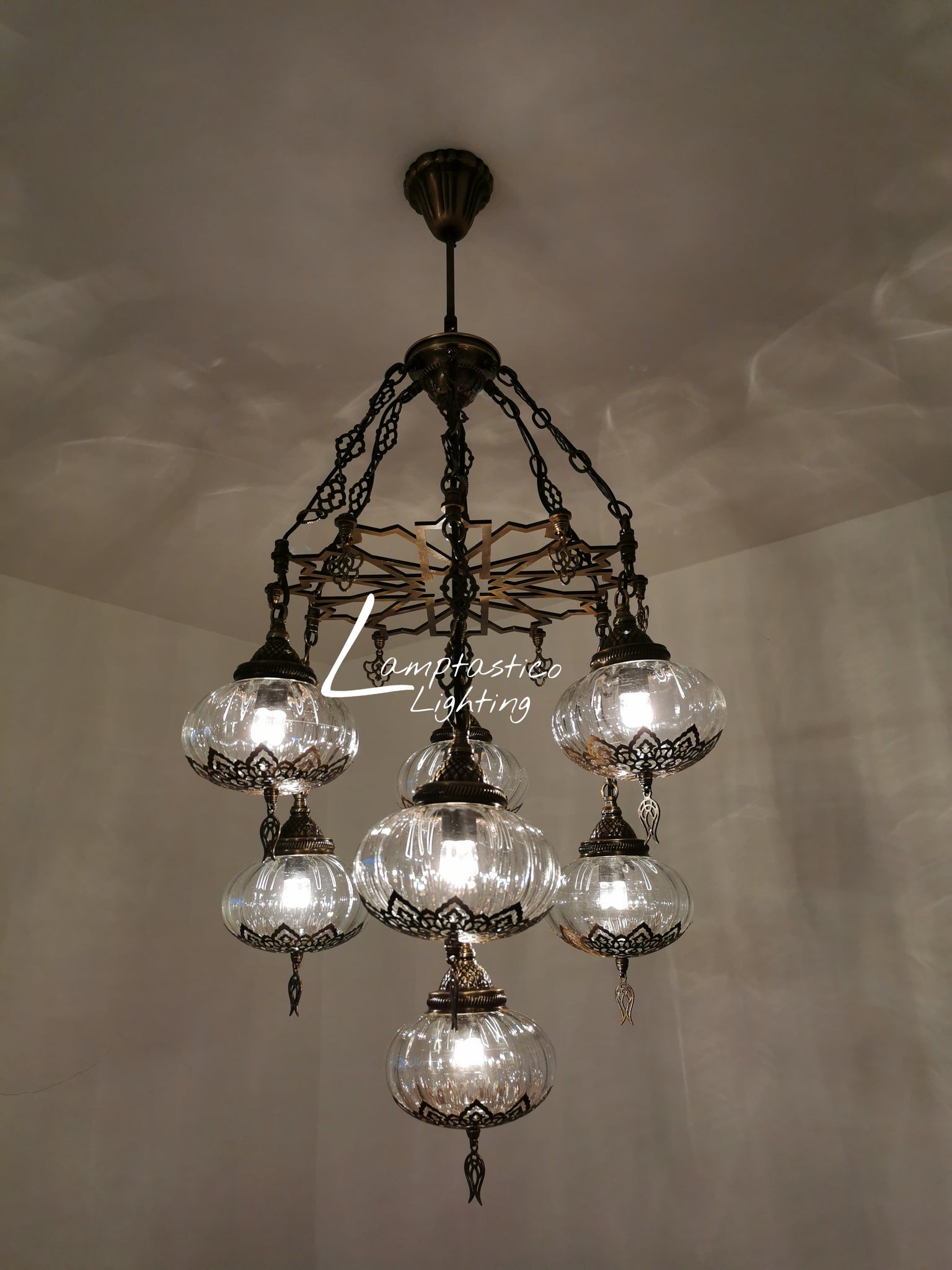 7 Globe Blown Clear Glass Turkish Ottoman Chandelier