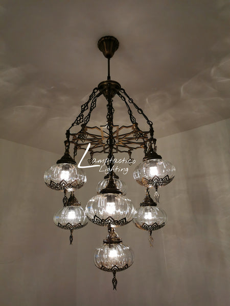 7 Globe Blown Clear Glass Turkish Ottoman Chandelier