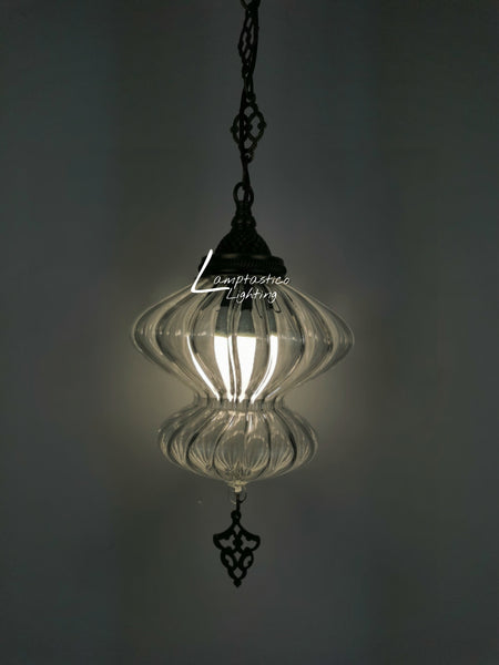 Ribbed Glass Hanging Lamp with Brass Finish, Single Pendant Light