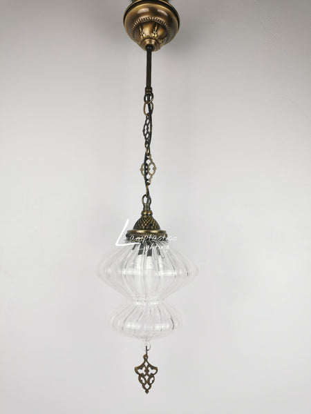 Ribbed Glass Hanging Lamp with Brass Finish, Single Pendant Light