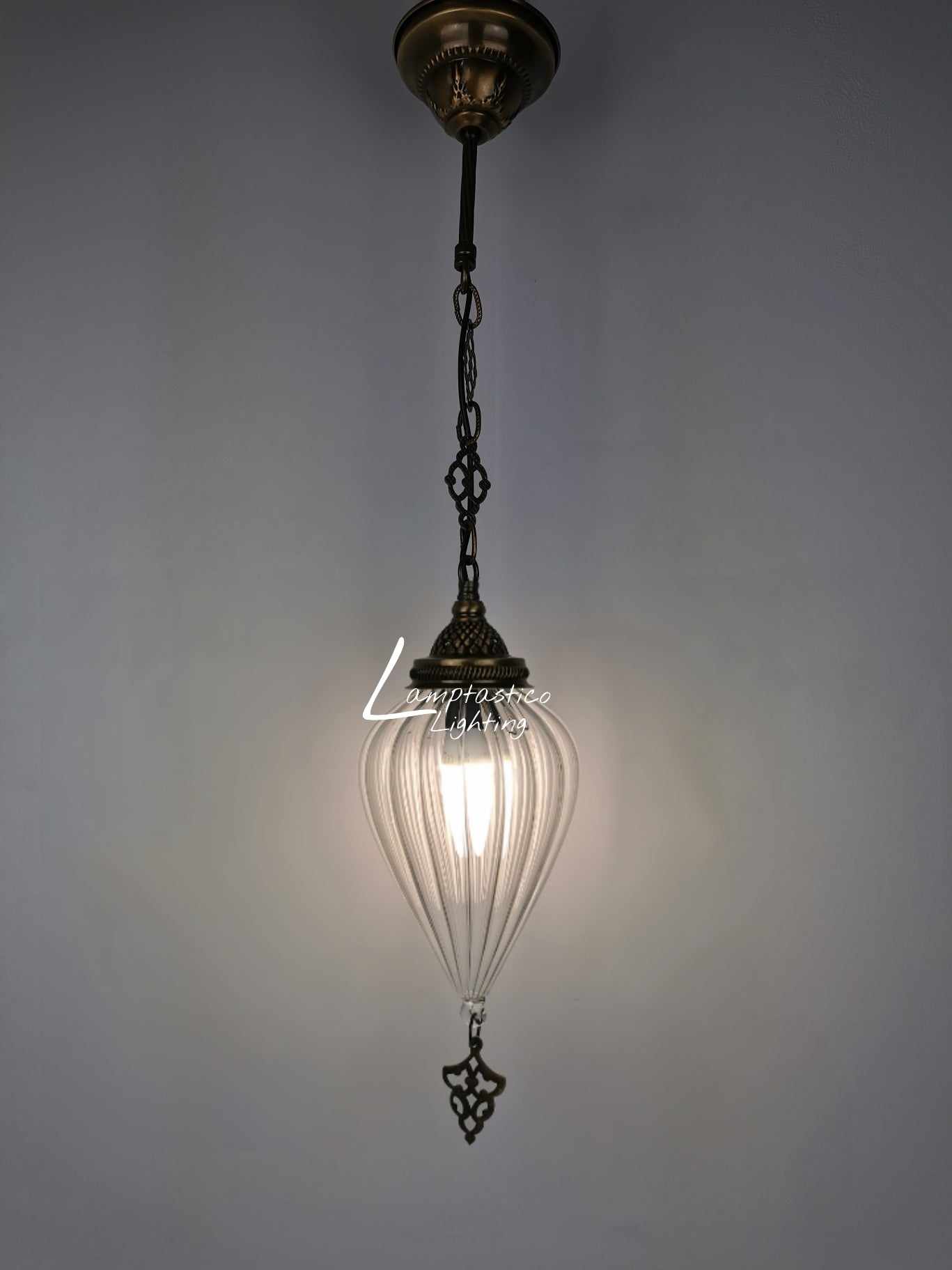 Ribbed Glass Hanging Lamp with Brass Finish, Single Pendant Light