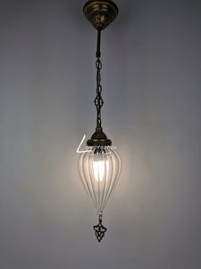 Ribbed Glass Hanging Lamp with Brass Finish, Single Pendant Light